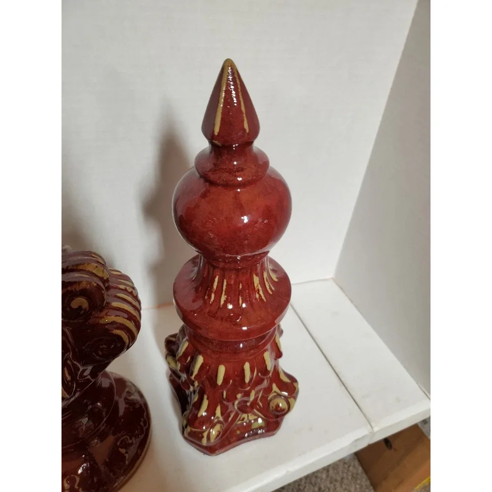 Vintage Set Decorative Finial Ceramic Burgundy Glaze 1 Has Repairs See Pics